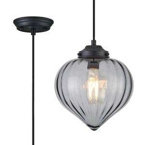 Mya Single Pendant With Flower Bud Shade 1 x E27, Satin Black/Black Braided Cable/Smoke 