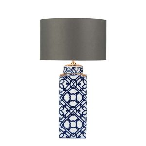 Mystic 1 Light E27 Blue And White Table Lamp With inline Switch C/W Bokara Grey Faux Silk Satin 38cm Drum Shade