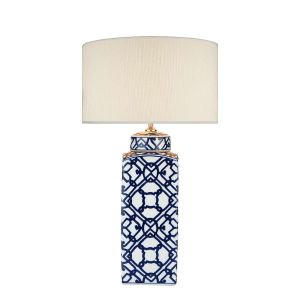 Mystic 1 Light E27 Blue And White Table Lamp With inline Switch C/W Delta Ivory Cotton 38cm Drum Shade