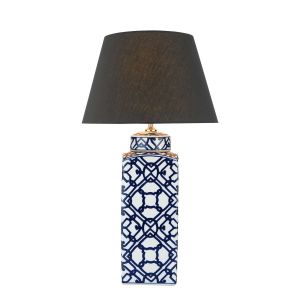 Mystic 1 Light E27 Blue And White Table Lamp With inline Switch C/W Dwayne Black Linen Tapered 39cm Drum Shade