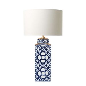 Mystic 1 Light E27 Blue And White Table Lamp With inline Switch C/W Gift White Cotton 38cm Drum Shade