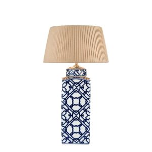 Mystic 1 Light E27 Blue And White Table Lamp With inline Switch C/W Lyzette Taupe Faux Silk Tapered 36cm Drum Shade