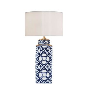 Mystic 1 Light E27 Blue And White Table Lamp With inline Switch C/W Risha Ivory Faux Silk 36cm Drum Shade
