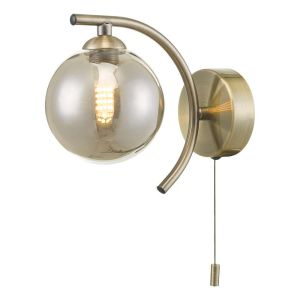 Nakita 1 Light G9 Antique Brass Wall Light With Pull Cord Switch C/W Smoke Glass Shade