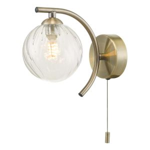 Nakita 1 Light G9 Antique Brass Wall Light With Pull Cord Switch C/W Clear Twisted Style Closed Glass Shade