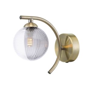 Nakita 1 Light G9 Antique Brass Wall Light With Pull Cord Switch C/W 10cm Smoked & Clear Ribbed Glass Shade