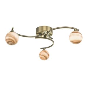 Nakita 3 Light G9 Antique Brass Flush Ceiling Fitting C/W Planet Style Glass Shade