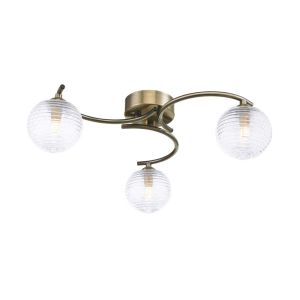 Nakita 3 Light G9 Antique Brass Flush Ceiling Fitting C/W Clear Closed Ribbed Glass Shade