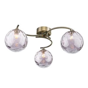 Nakita 3 Light G9 Antique Brass Flush Ceiling Fitting C/W Smoked Dimpled Glass Shades