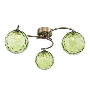 Nakita 3 Light G9 Antique Brass Flush Ceiling Fitting C/W Green Dimpled Glass Shades