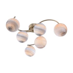 Nakita 6 Light G9 Antique Brass Flush Ceiling Fitting C/W Large Planet Style Glass Shades