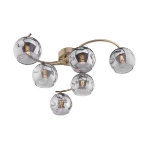 Nakita 6 Light G9 Antique Brass Flush Ceiling Fitting C/W Smoked Organic Glass Shades.