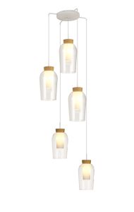 Nora 63.3cm Round Pendant, 5 Light Adjustable E27, White/Wood/Clear Glass With Frosted Inner
