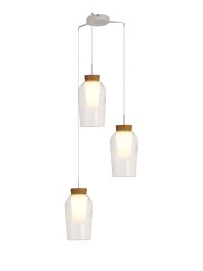 Nora 53.4cm Round Pendant, 3 Light Adjustable E27, White/Wood/Clear Glass With Frosted Inner