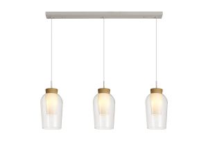 Nora Linear Pendant, 3 Light Adjustable E27, White/Wood/Clear Glass With Frosted Inner