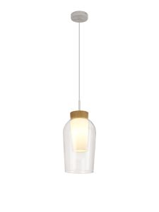 Nora 18cm Single Pendant, 1 Light Adjustable E27, White/Wood/Clear Glass With Frosted Inner