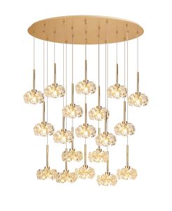 Riptor 19 Light G9 3.5m Oval Multiple Pendant With French Gold And Crystal Shade, Item Weight: 18.4kg