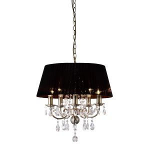 Olivia Pendant With Black Shade 5 Light E14 Antique Brass/Crystal