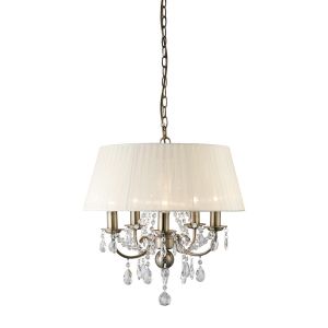Olivia Pendant With Ivory Ccrain Shade 5 Light E14 Antique Brass/Crystal