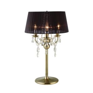 Olivia Table Lamp With Black Shade 3 Light E14 Antique Brass/Crystal