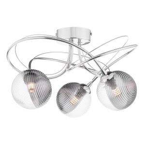 Onawa 3 Light G9 Polished Chrome Semi Flush Ceiling Fitting C/W 10cm Smoked & Clear Ribbed Glass Shades.