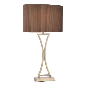 Oporto 1 Light E27 Antique Brass Table Lamp With Inline Switch C/W Oval Shaped Brown Micro Pleat Shade