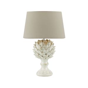Orris 1 Light E27 Antique Ccrain Table Lamp With Inline Switch C/W Cezanne Taupe Faux Silk Tapered 40cm Drum Shade