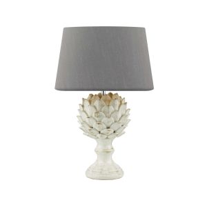 Orris 1 Light E27 Antique Ccrain Table Lamp With Inline Switch C/W Cezanne Grey Faux Silk Tapered 40cm Drum Shade