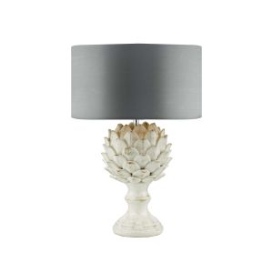 Orris 1 Light E27 Antique Ccrain Table Lamp With Inline Switch C/W Hilda Grey Faux Silk 40cm Drum Shade