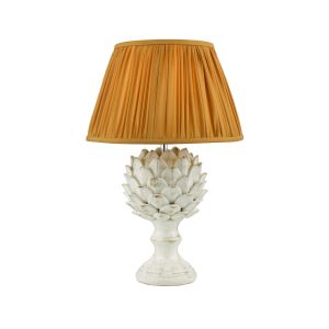 Orris 1 Light E27 Antique Ccrain Table Lamp With Inline Switch C/W Ulyana Yellow Ochre Faux Silk Pleated 40cm Shade