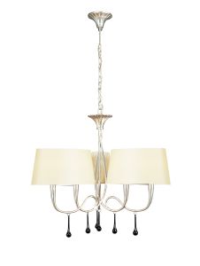 Paola 64cm Pendant 3 Arm 6 Light E14, Silver Painted With Cream Shades & Black Glass Droplets