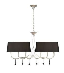 Paola Linear Pendant 2 Arm 6 Light E14, Silver Painted With Black Shades & Black Glass Droplets