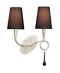 Paola Wall Lamp 2 Light E14, Silver Painted With Black Shades & Black Glass Droplets