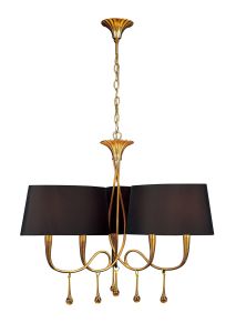 Paola 64cm Pendant 3 Arm 6 Light E14, Gold Painted With Black Shades & Amber Glass Droplets