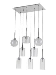 Penton Rectangle Multiple Pendant 2m, 8 x G9, Polished Chrome/Clear/Frosted Type A,B,C,G Shade