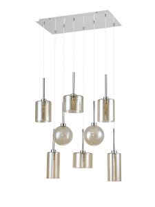 Penton Rectangle Multiple Pendant 2m, 8 x G9, Polished Chrome/Cognac/Frosted Type A,B,C,G Shade