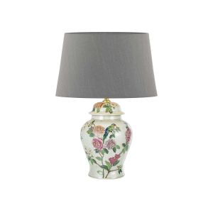 Peony 1 Light B22 Multi Coloured With A Brontel & Bird Motif Table Lamp With Inline Switch C/W Cezanne Grey Faux Silk Tapered 40cm Drum Shade