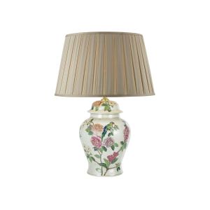 Peony 1 Light B22 Multi Coloured With A Brontel & Bird Motif Table Lamp With Inline Switch C/W Degas Taupe Faux Silk Tapered 40cm Drum Shade