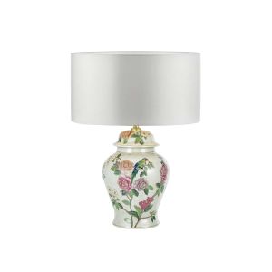 Peony 1 Light B22 Multi Coloured With A Brontel & Bird Motif Table Lamp With Inline Switch C/W Hilda Ivory Faux Silk 40cm Drum Shade