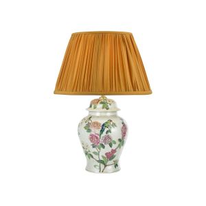 Peony 1 Light B22 Multi Coloured With A Brontel & Bird Motif Table Lamp With Inline Switch C/W Ulyana Yellow Ochre Faux Silk Pleated 40cm Shade