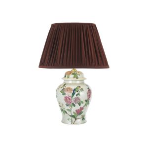 Peony 1 Light B22 Multi Coloured With A Brontel & Bird Motif Table Lamp With Inline Switch C/W Ulyana Burgundy Faux Silk Pleated 40cm Shade