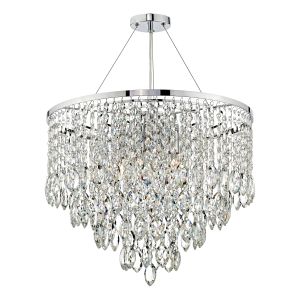 Pescara 5 Light E14 Polished Chrome Adjustable Round Pendant With Faceted Crystal Droppers Arranged In Waterfall Style