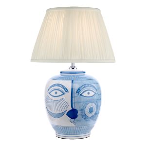 Picasso 1 Light E27 Small Ceramic Blue & White Fun Face Table Lamp With Inline Swtch C/W Ulyana Ivory Faux Silk Pleated 35cm Shade