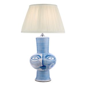 Picasso 1 Light E27 Large Ceramic Blue & White Fun Face Table Lamp With Inline Swtch C/W Ulyana Ivory Faux Silk Pleated 35cm Shade