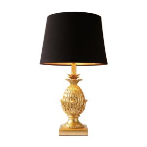 Pineapple 1 Light E27 Gold Ornate Table Lamp With Inline Switch C/W Black Satin Tapered Drum Shade With Gold Lining