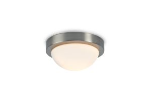 Porter 21.5cm IP44 1 Light E27 21cm Flush Ceiling Light, Satin Nickel With Opal White Glass