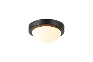 Porter IP44 1 Light E27 21cm Flush Ceiling Light, Satin Black With Opal White Glass