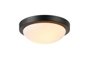 Porter IP44 2 Light E27 32cm Flush Ceiling Light, Satin Black With Opal White Glass