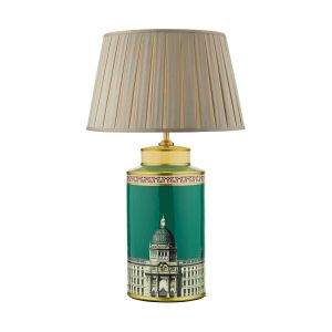 Prospect 1 Light E27 Green/Gold Table Lamp With In-Line Switch C/W Degas Taupe Faux Silk Tapered 40cm Drum Shade