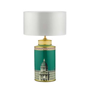 Prospect 1 Light E27 Green/Gold Table Lamp With In-Line Switch C/W Hilda Ivory Faux Silk 40cm Drum Shade